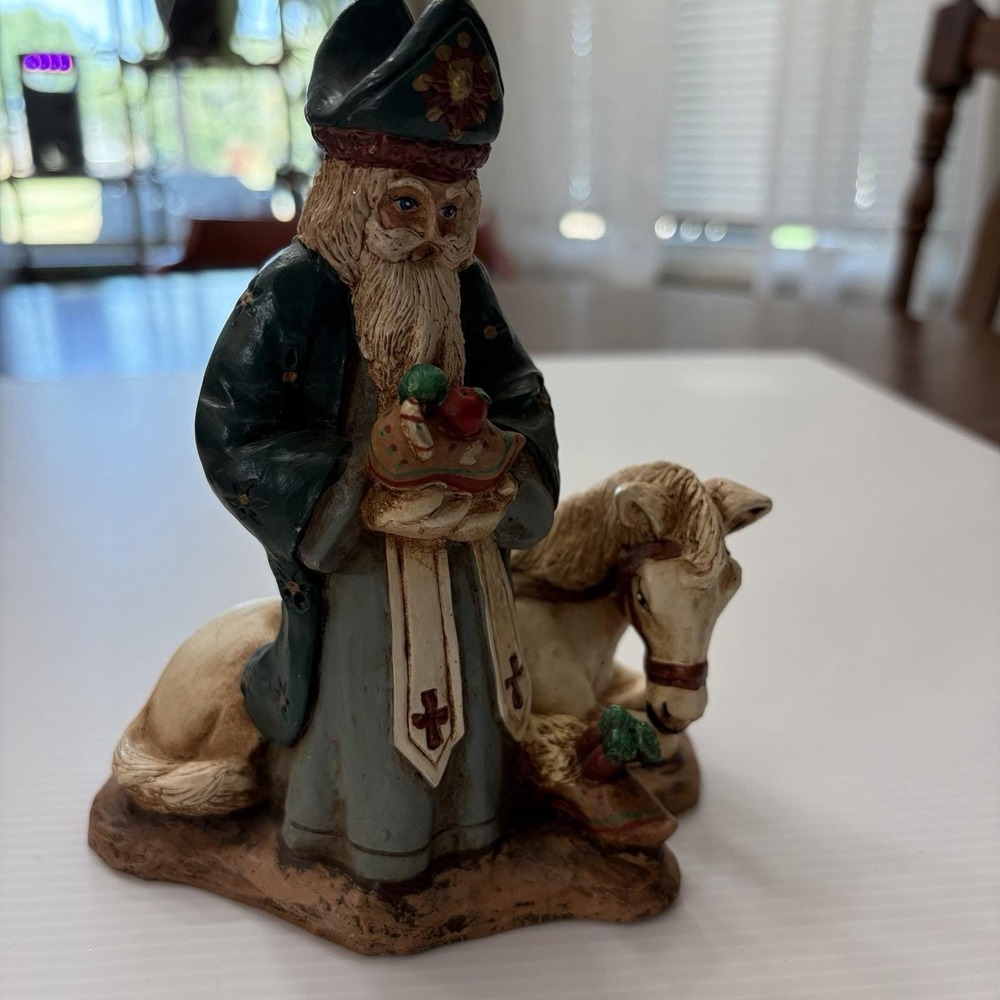 Vintage 1993 Wood World Santa With White Horse Green Robe Saint Nicholas